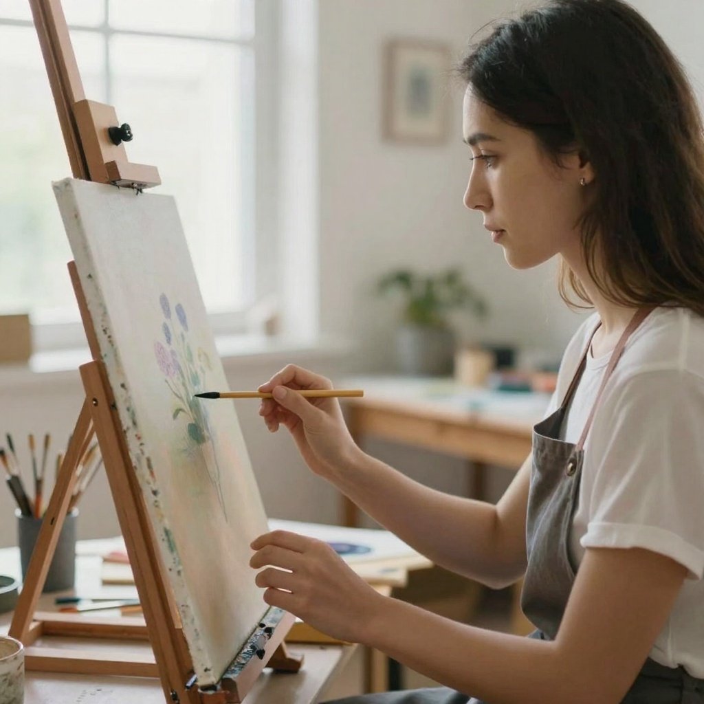 Woman artist painting a floral canvas on a wooden easel in a bright studio, holding a brush and wearing an apron.