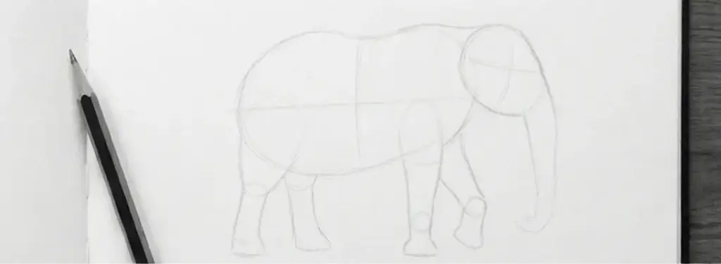 elephant 1 Pencil sketch outline of an elephant on a sketchbook page with a graphite pencil—step-by-step drawing guide for beginners | Sky Rye Design Pencil sketch outline of an elephant on a sketchbook page with a graphite pencil—step-by-step drawing guide for beginners