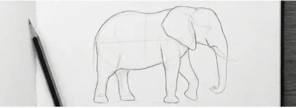 elephant 2 Pencil sketch of a side-view elephant on a sketchbook page with a graphite pencil beside it. | Sky Rye Design Pencil sketch of a side-view elephant on a sketchbook page with a graphite pencil beside it.