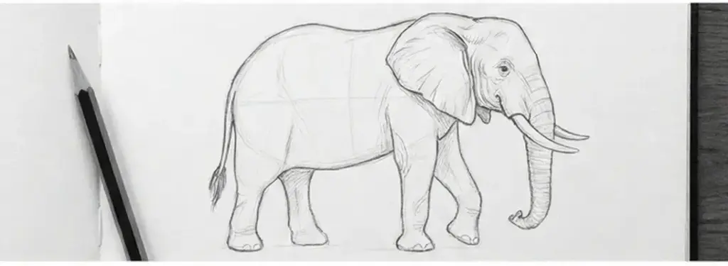 elephant 4 Realistic pencil sketch of an elephant on an open sketchbook with a graphite pencil, showing contour and construction lines for drawing tutorial. | Sky Rye Design Realistic pencil sketch of an elephant on an open sketchbook with a graphite pencil, showing contour and construction lines for drawing tutorial.