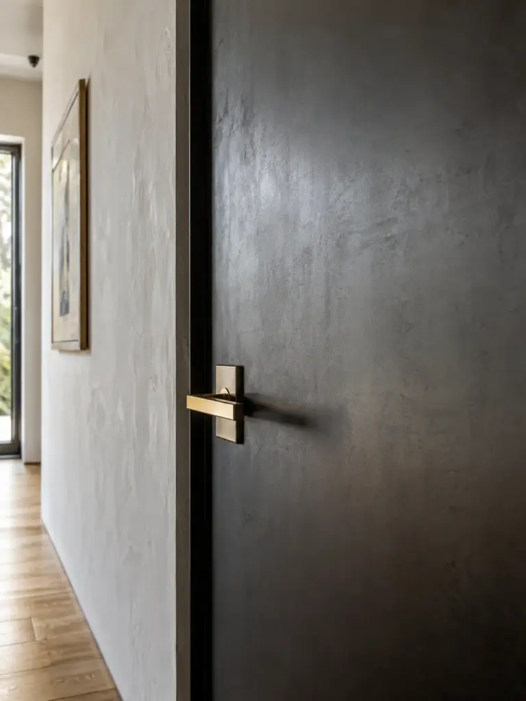 Modern matte black interior door with brass lever handle in minimalist hallway, hardwood floor and framed art.