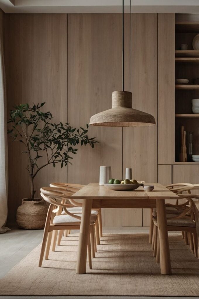 Minimalist Scandinavian dining room with natural wood table and chairs, woven pendant light, bowl of fruit and potted plant.
