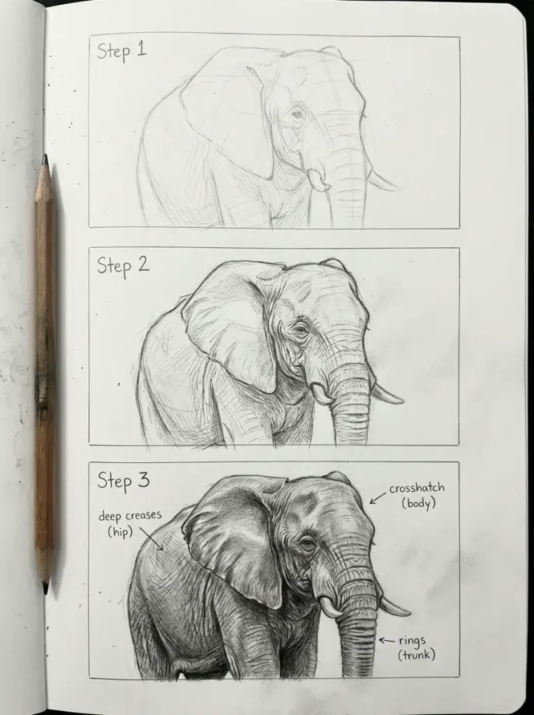 fe262ddb5c36441db2742d13086524d6 Three-step elephant pencil sketch tutorial showing initial construction lines, refined drawing, and final shading with crosshatch and trunk rings. | Sky Rye Design Three-step elephant pencil sketch tutorial showing initial construction lines, refined drawing, and final shading with crosshatch and trunk rings.
