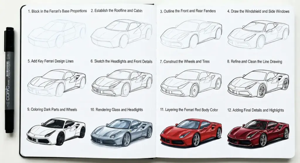 Ferrari drawing tutorial sketchbook: 12 step-by-step car illustrations from block-in to final colored render, Copic marker shown
