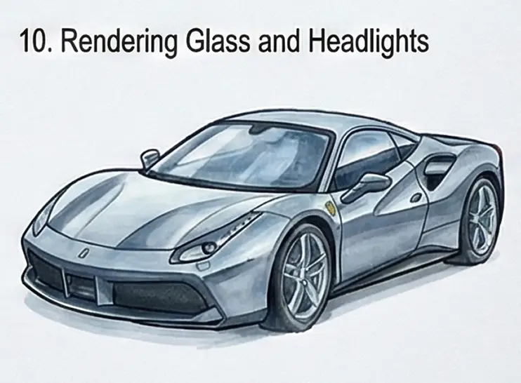 Silver sports car illustration, three-quarter view focusing on glossy glass and headlights; labeled 'Rendering Glass and Headlights'.