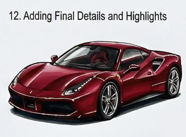 Glossy red sports car illustration on slide titled Adding Final Details and Highlights - car rendering tutorial image