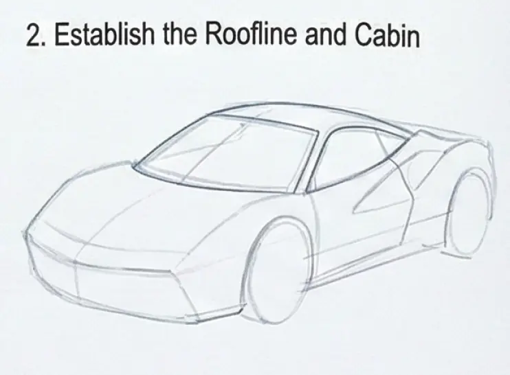 Car drawing tutorial: step 2 pencil sketch of sports car establishing roofline and cabin