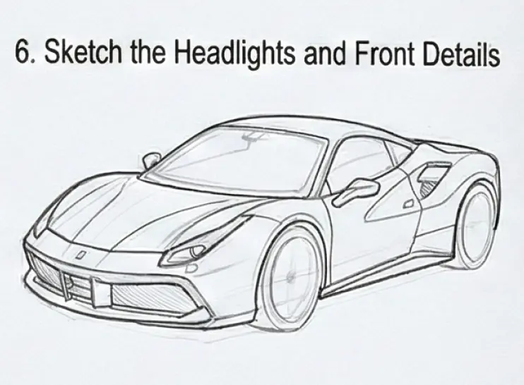 Sports car pencil sketch, front three-quarter view highlighting headlights and front details in a drawing tutorial.