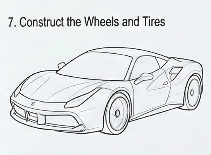 Sports car drawing tutorial line art showing a sleek coupe with constructed wheels and tires, step 7 illustration for car sketching.