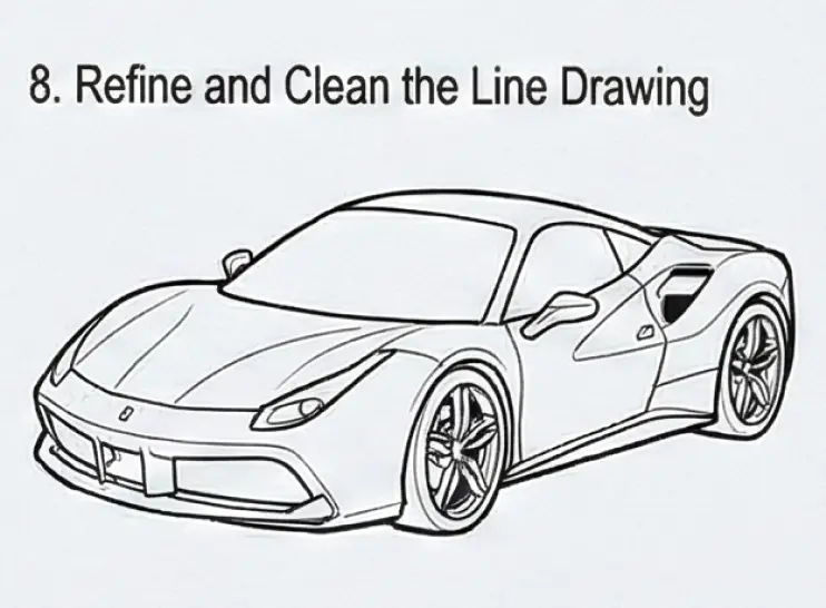 Car sketch tutorial Step 8: refined sports car line drawing, clean black-and-white line art for automotive illustration and sketching tips.