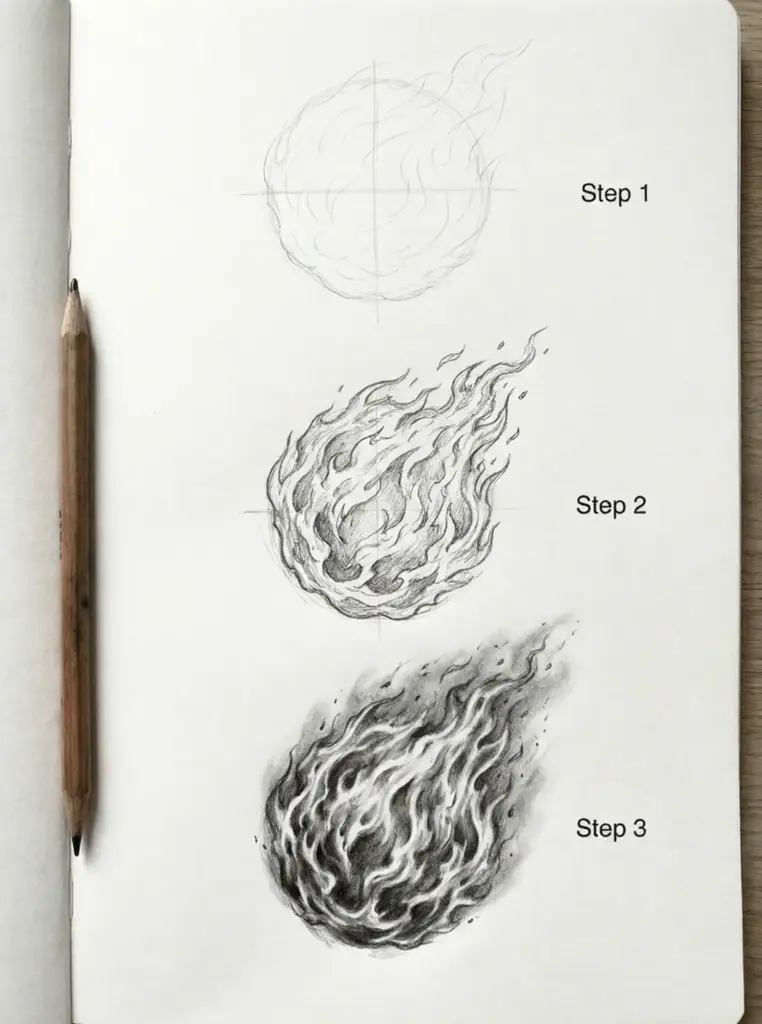 Step-by-step pencil sketch tutorial of a flaming fireball in a sketchbook — three stages of flame detail with pencil beside page.