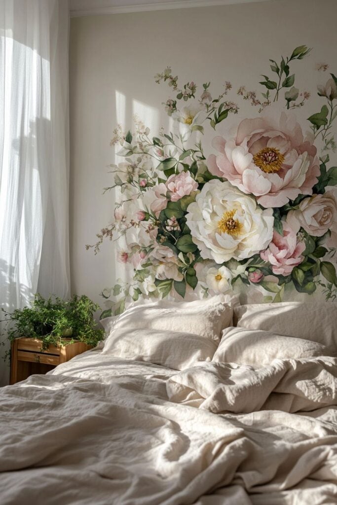 Sunlit cozy bedroom with neutral linen bedding, large pastel floral wall mural and bedside green plants for a calm cottagecore aesthetic.