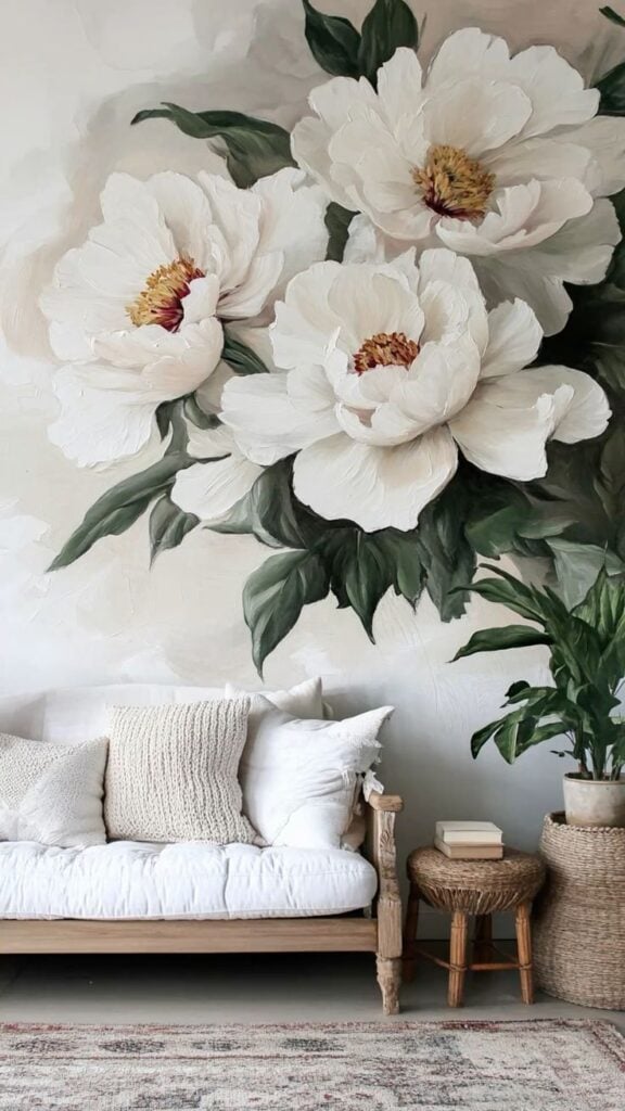Boho neutral living room with oversized white peony wall mural, cozy linen sofa, textured pillows, rattan side table and potted plant.