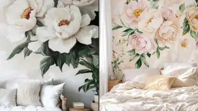 Two cozy interiors featuring oversized peony floral wall murals in soft white and blush tones, neutral bedding and boho decor accents.