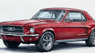 Red 1960s Ford Mustang vintage muscle car, front three-quarter view of classic coupe on white background