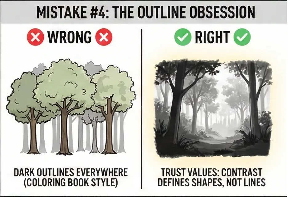 Infographic: Mistake #4 - left trees with dark outlines; right grayscale forest showing depth through value and contrast.