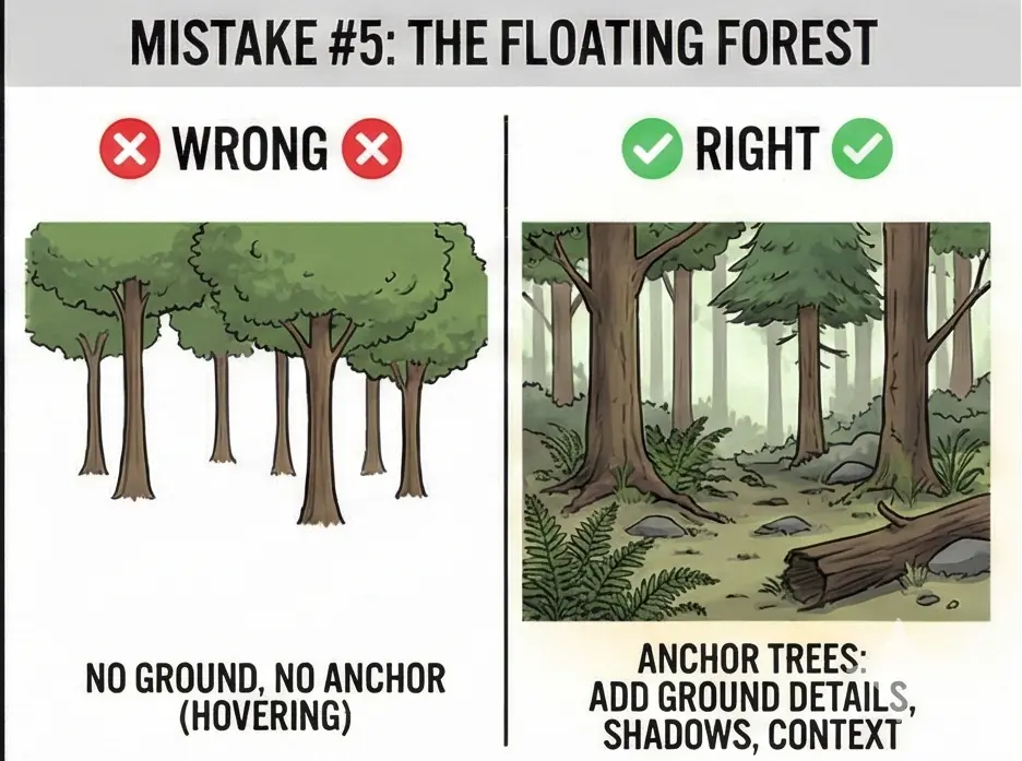 Forest drawing tip: Mistake #5 floating forest — wrong hovering trees with no ground vs correct anchored trees with ground, shadows, ferns