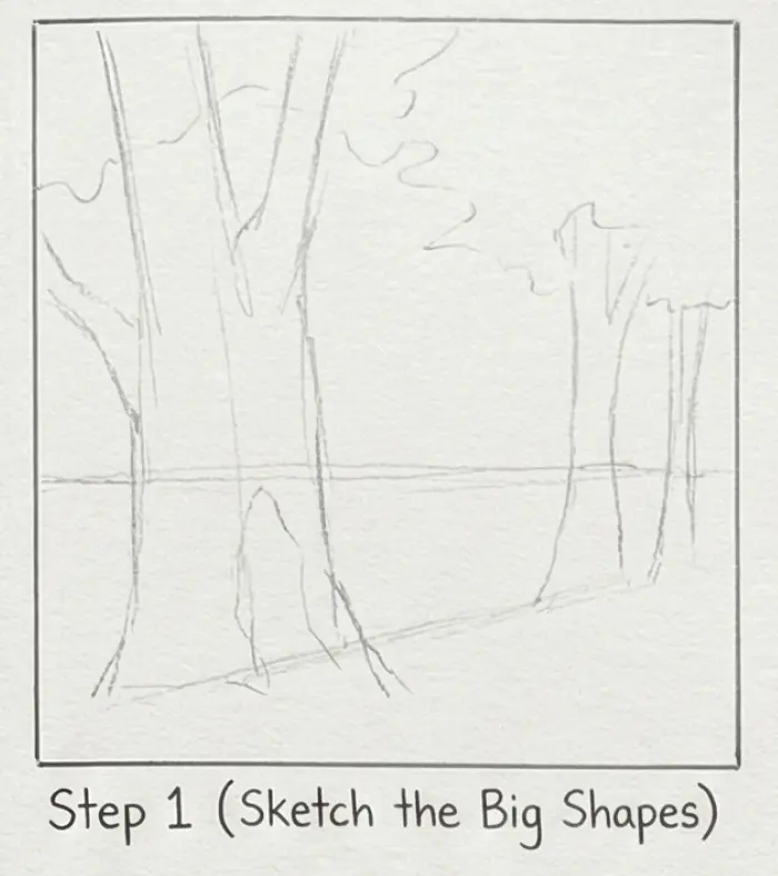 Pencil sketch tutorial Step 1: rough landscape composition with tree trunks, horizon line and basic shapes for a simple forest scene.