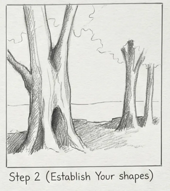 Pencil sketch tutorial Step 2: establish shapes - tree trunks with a hollow, shaded foreground and distant trees on a grassy landscape.