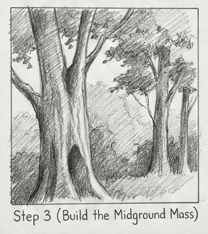 Pencil sketch drawing tutorial: forest midground with large tree trunks, foliage and underbrush, captioned 'Step 3 (Build the Midground Mass)'.