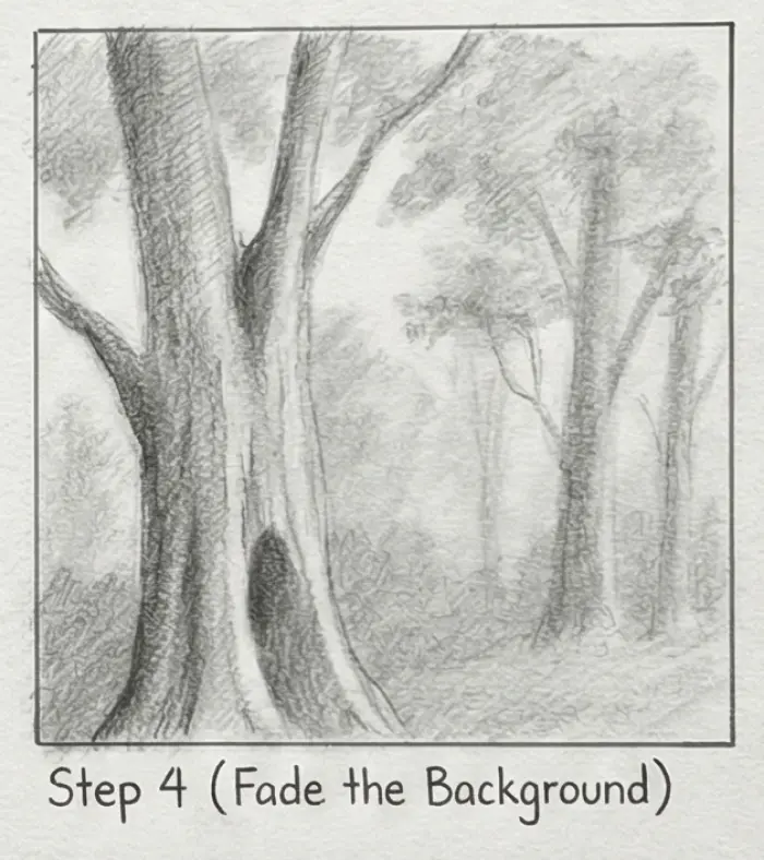 Pencil sketch forest tutorial: close-up tree trunk in foreground with faded background trees, caption 'Step 4 (Fade the Background)'.