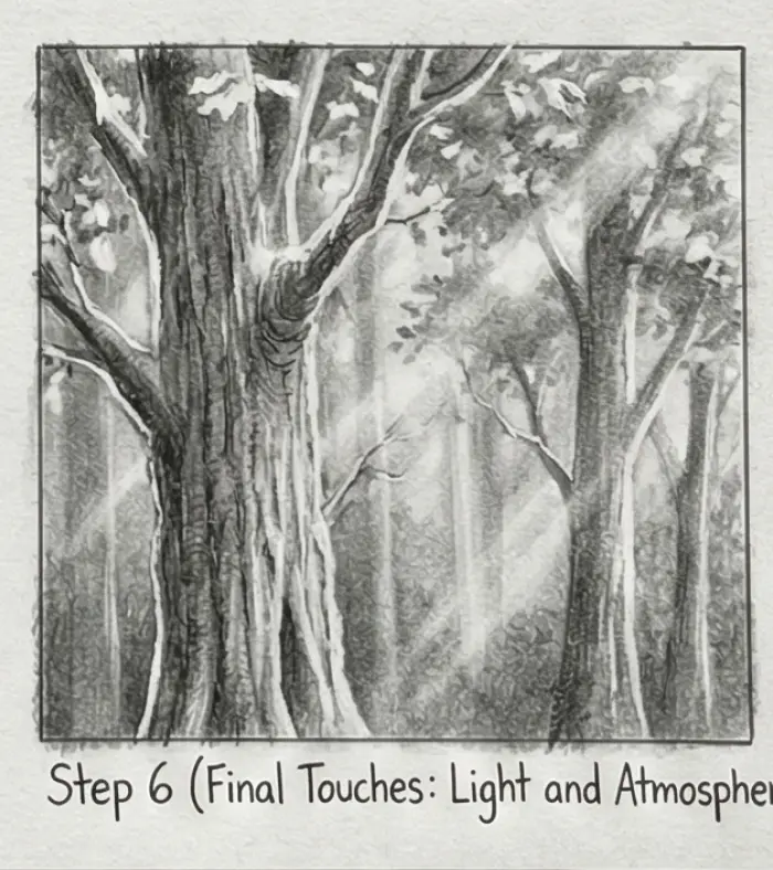 Pencil sketch of a forest with tall tree trunks and sunbeams filtering through leaves — Step 6: Final touches, light and atmosphere.