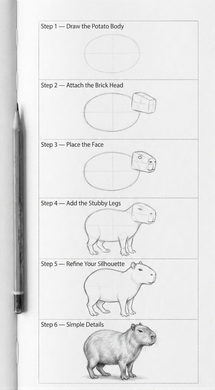 Capybara drawing step-by-step pencil tutorial: six stages from basic shapes to a detailed capybara sketch, with a pencil beside the page