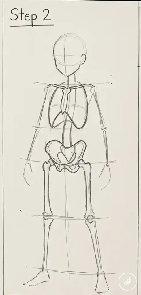 how-to-draw-anime-body-step-2 Step 2: pencil anatomy guide showing simplified human skeleton with skull, ribcage, pelvis and limb proportions | Sky Rye Design Step 2: pencil anatomy guide showing simplified human skeleton with skull, ribcage, pelvis and limb proportions