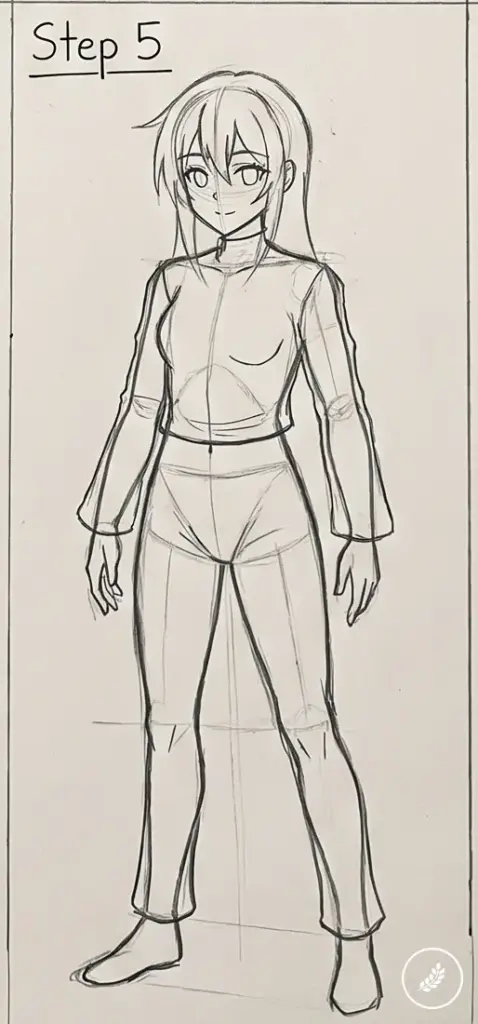 how-to-draw-anime-body-step-5 Pencil sketch tutorial Step 5: full-body standing anime-style female character wearing jacket and pants, front view. | Sky Rye Design Pencil sketch tutorial Step 5: full-body standing anime-style female character wearing jacket and pants, front view.