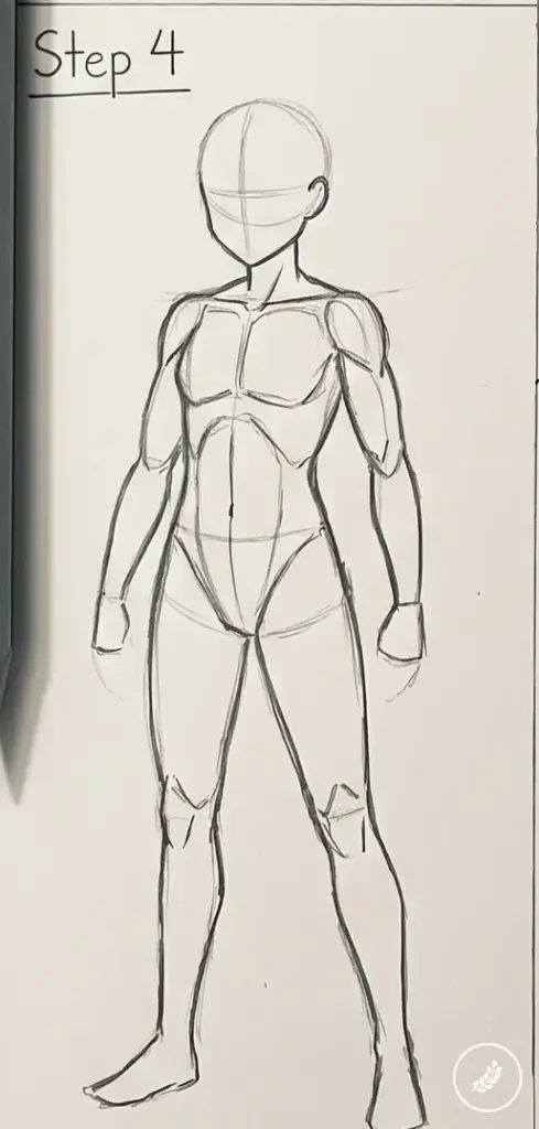 how-to-draw-anime-body-step-4 Step 4 pencil sketch: front-view human figure with construction lines and anatomy guidelines for figure drawing tutorial | Sky Rye Design Step 4 pencil sketch: front-view human figure with construction lines and anatomy guidelines for figure drawing tutorial