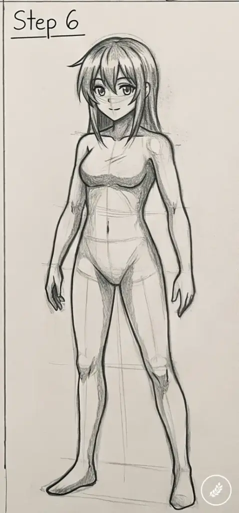 how-to-draw-anime-body-step-6 Sketch of a female anime-style figure standing facing forward, wearing a strapless top and underwear, with construction lines showing the drawing steps (Step 6). | Sky Rye Design Anime drawing tutorial: pencil female figure front-view body reference labeled Step 6.