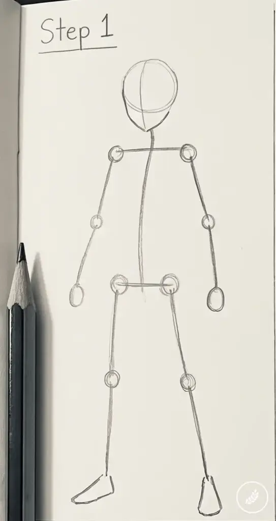 how-to-draw-anime-body-step-1 Drawing tutorial Step 1: sketchbook page with pencil and simple stick-figure mannequin armature guide | Sky Rye Design Drawing tutorial Step 1: sketchbook page with pencil and simple stick-figure mannequin armature guide