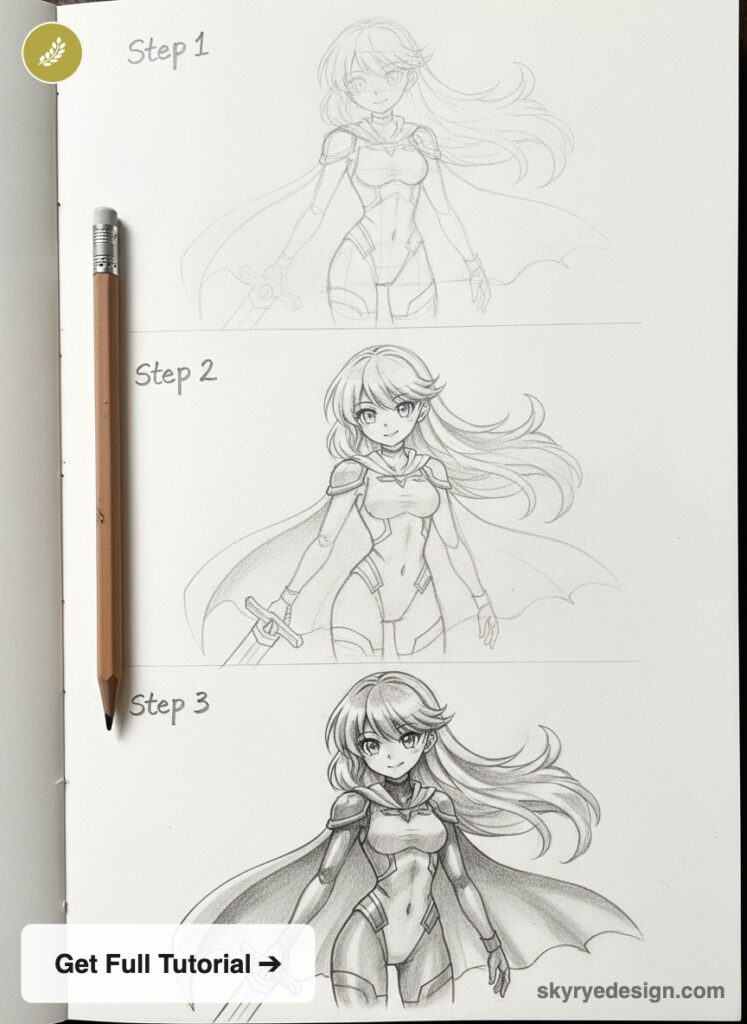 Sketchbook step-by-step pencil tutorial of an anime female warrior with cape and sword, pencil on left, three stages