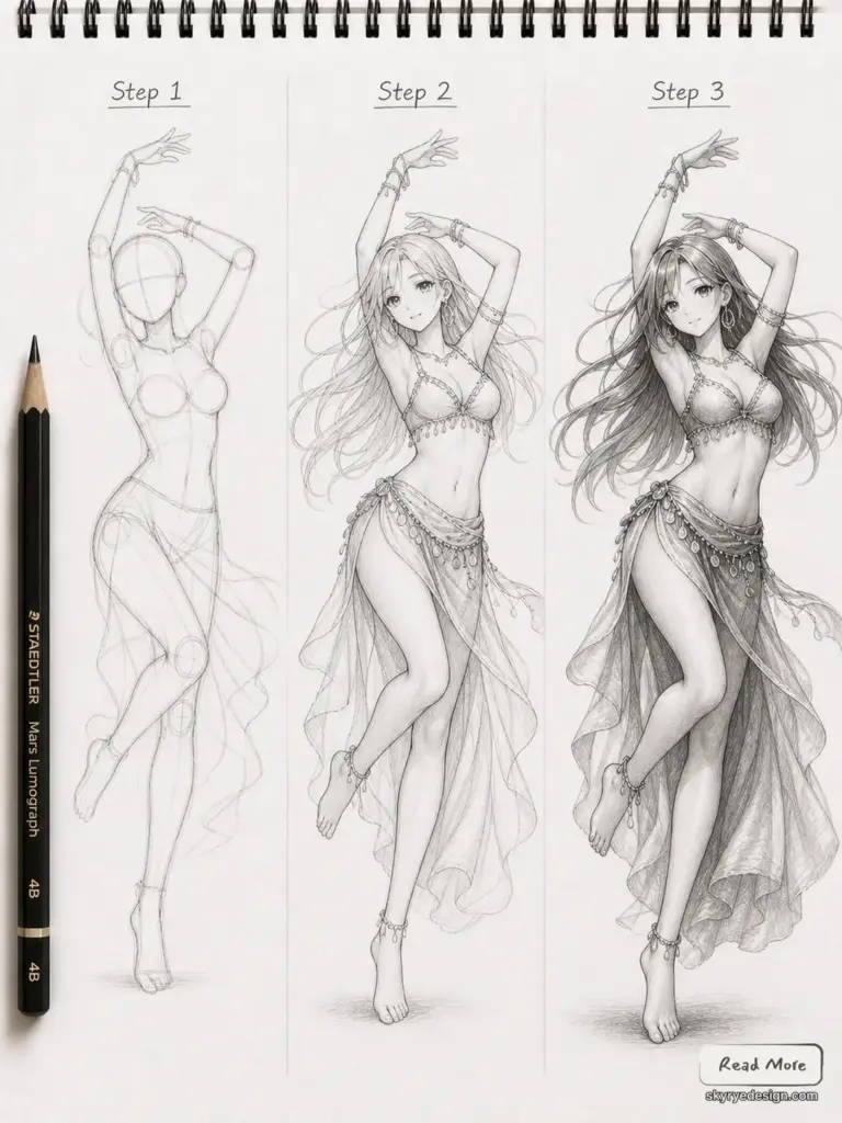Three-panel drawing showing step-by-step progression of a belly-dancer from rough sketch to finished shaded illustration.