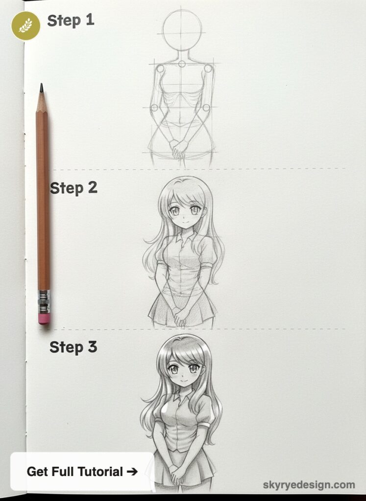 How to draw an anime girl: step-by-step pencil sketches showing three stages on a sketchbook with a pencil