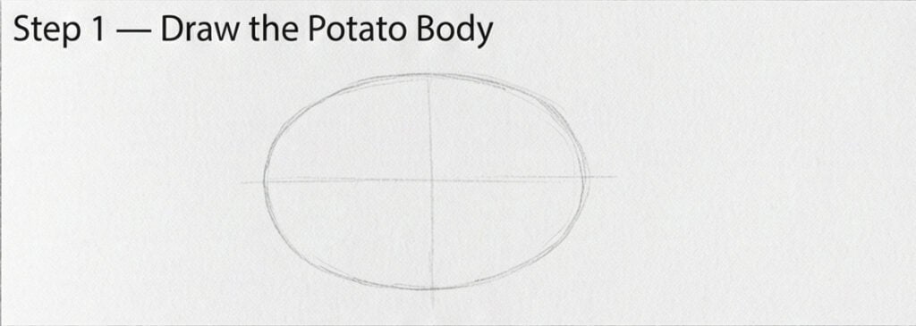 Step 1: draw the potato body — pencil sketch of an oval with vertical and horizontal guidelines