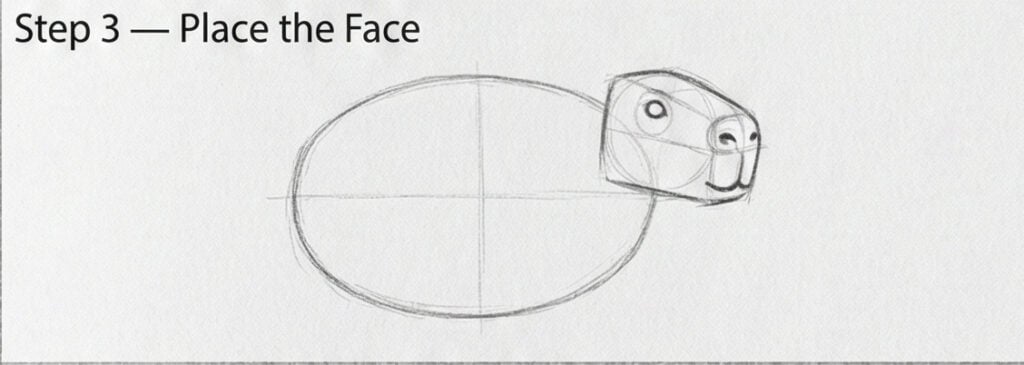 How to draw — Step 3: pencil sketch placing the face on an oval body with a box-shaped head and facial guidelines.