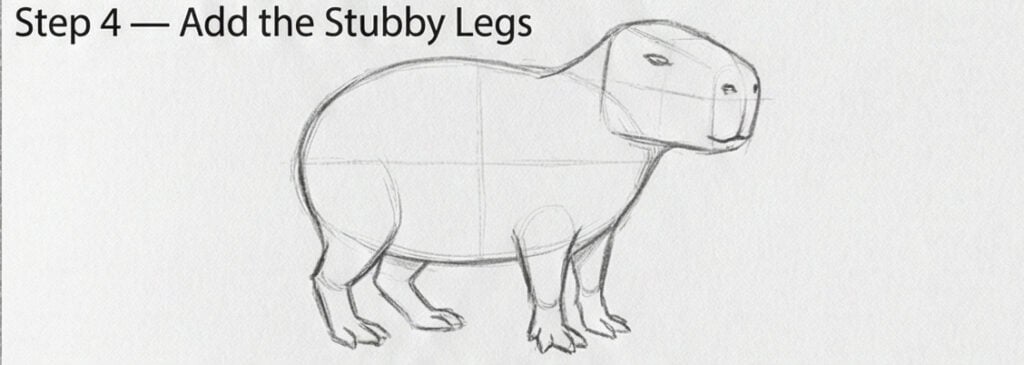 Pencil drawing tutorial Step 4: add stubby legs to a round-bodied animal sketch, showing construction lines and front and hind paws.