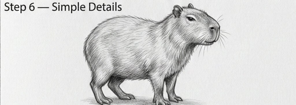 Pencil sketch of a capybara with textured fur and whiskers, labeled Step 6 — Simple Details — drawing tutorial illustration