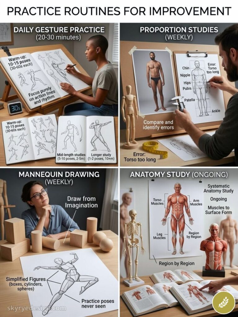 Infographic of figure drawing practice routines: daily gesture, weekly proportion & mannequin studies, ongoing anatomy study.