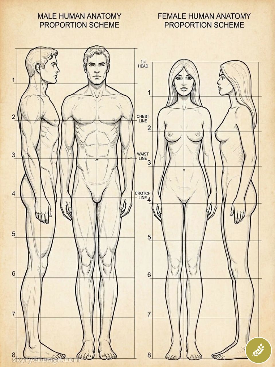 Human anatomy proportion chart: male & female front and side views, 8-head grid, labeled chest/waist/crotch