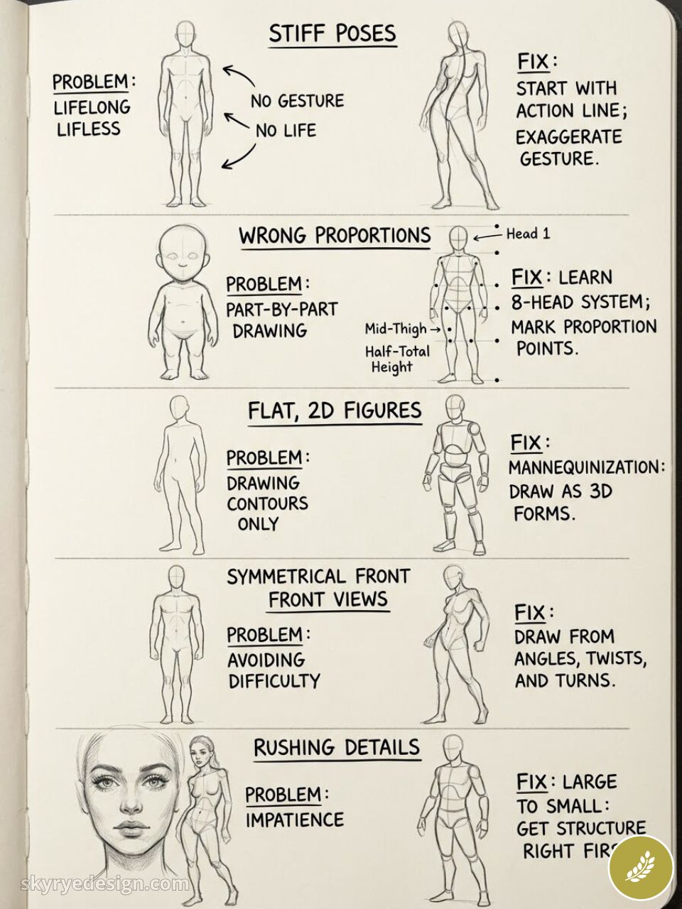 Figure drawing infographic: mistakes & fixes, stiff poses, wrong proportions, flat 2D, symmetry, rushed details