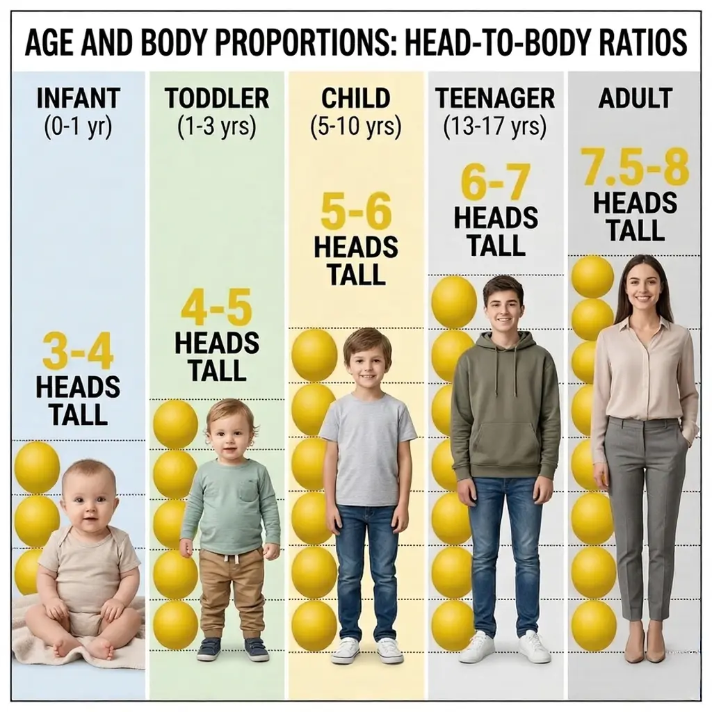 Chart: head-to-body ratios by age — infant 3-4, toddler 4-5, child 5-6, teen 6-7, adult 7.5-8 heads tall