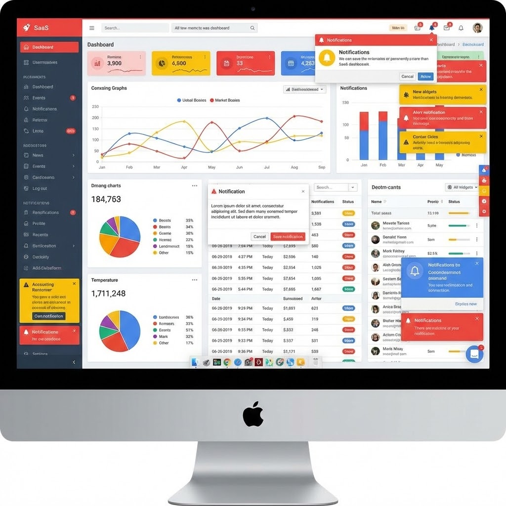 iMac displaying colorful SaaS analytics dashboard with charts, pie graphs, widgets and notifications