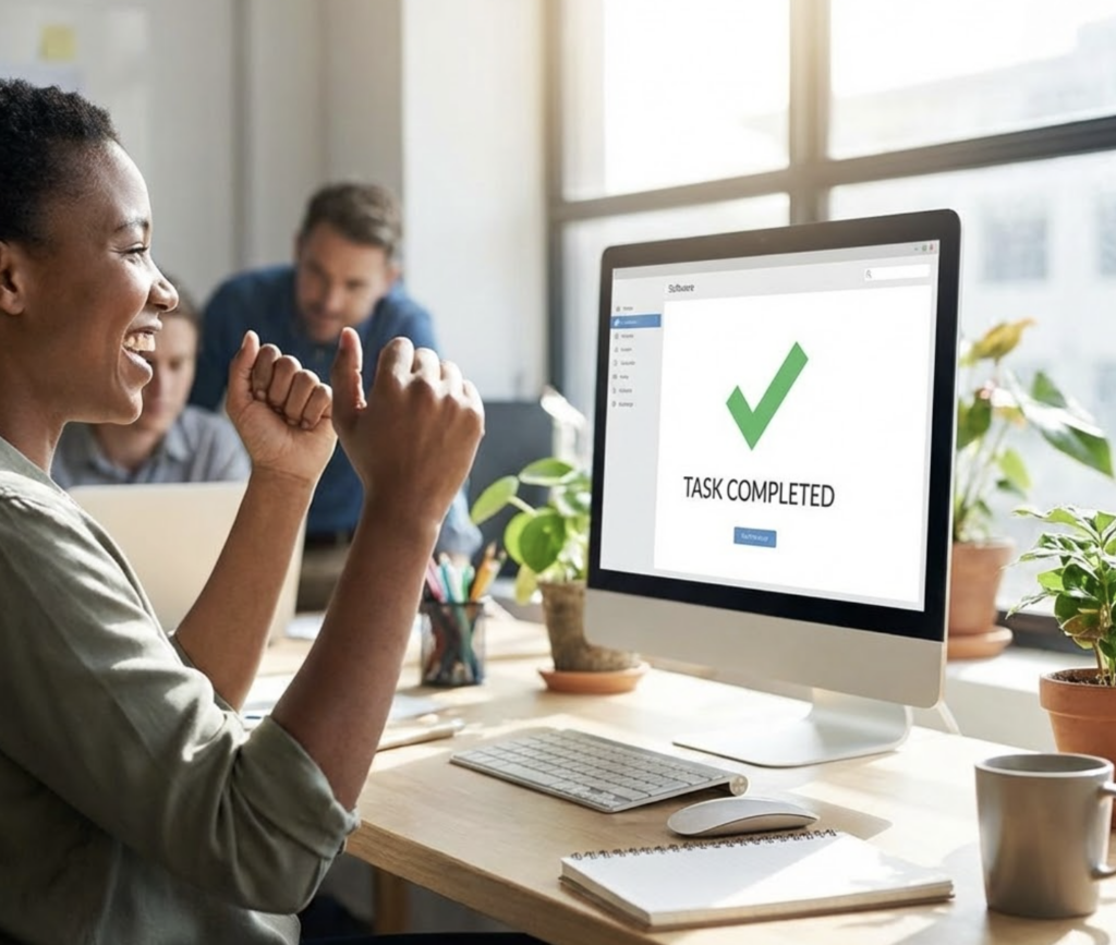 Smiling professional celebrating Task Completed on desktop computer in bright office workspace, productivity concept
