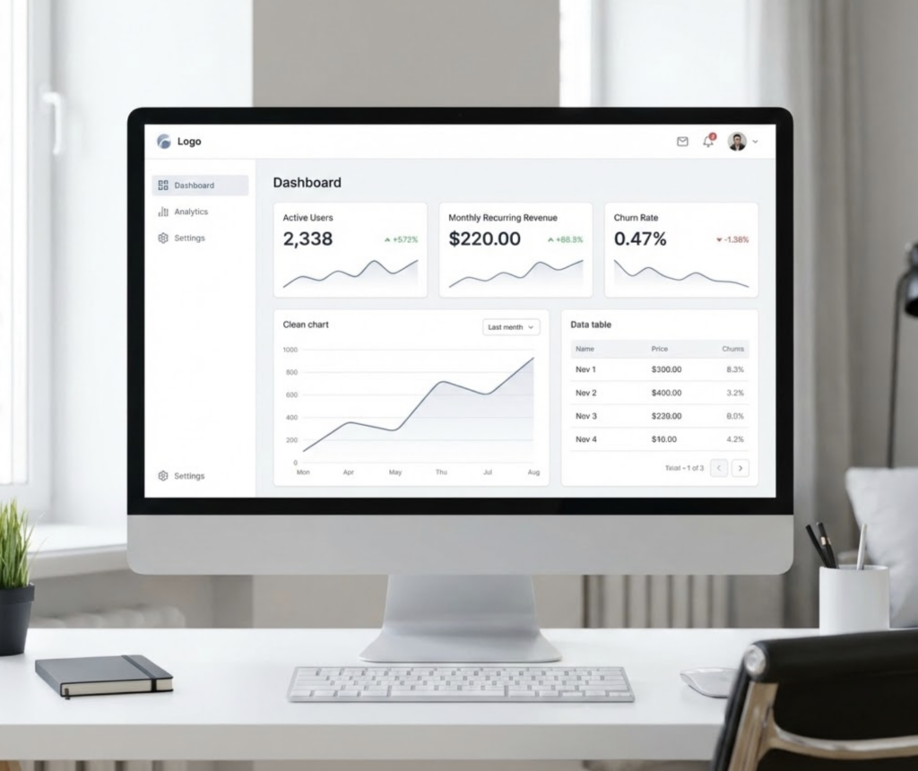 Desktop computer on white desk displaying analytics dashboard with charts, metrics (active users, MRR, churn) and data table.