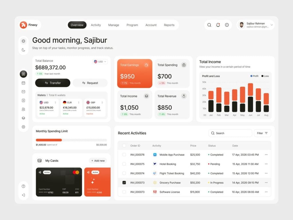 Financial dashboard UI with account overview: total balance, earnings, spending, income chart, cards, recent transactions