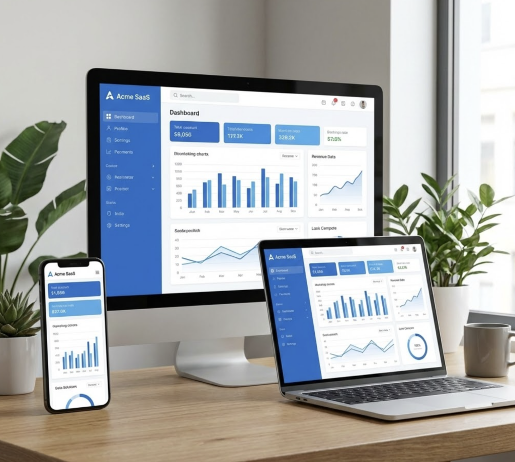 Responsive SaaS analytics dashboard on desktop, laptop and mobile showing revenue charts, KPIs, and growth metrics on desk