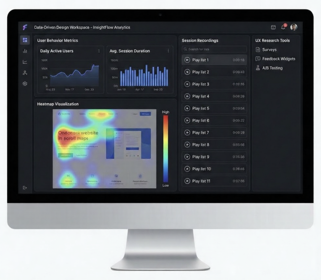 Desktop UX analytics dashboard showing heatmap, daily active users graph, session recordings and research tools