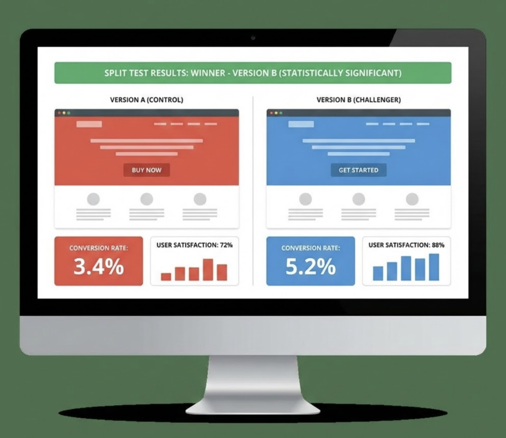 A/B split test on monitor: Version A (red) 3.4% conversion vs Version B (blue) 5.2% winner with higher user satisfaction